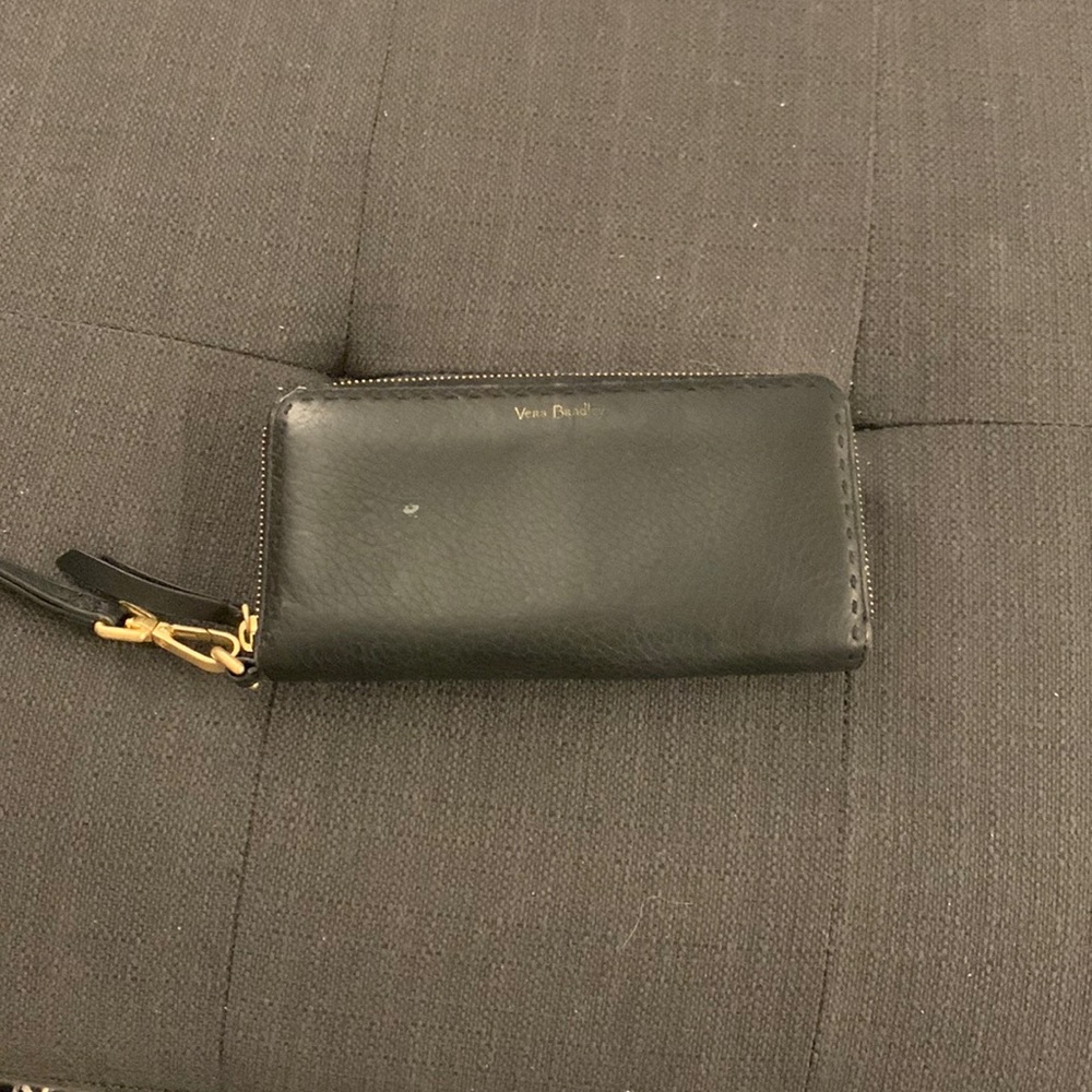 Black Leather Vera Bradley large wallet/wristlet, floral pattern on inside